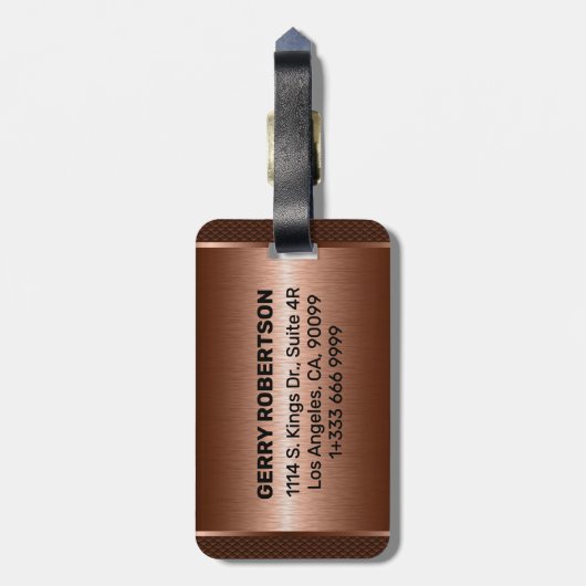 Étiquette À Bagage Metallic copper texture personalized black text (Dos Vertical)