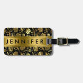 Étiquette À Bagage Métallique monogramme Or Floral Damas (Devant horizontal)