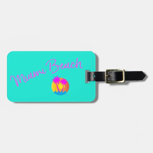 Étiquette À Bagage Miami-Beach-logo-soleil-palmiers-rose (Devant horizontal)