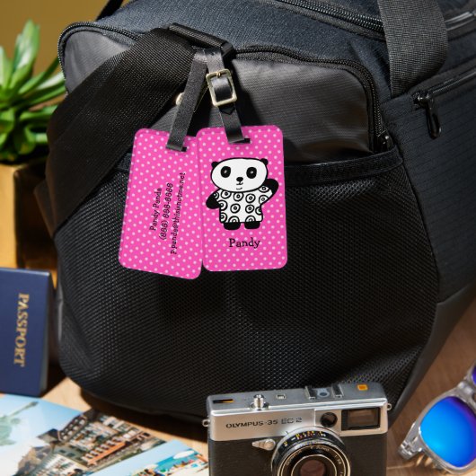 Étiquette À Bagage Mignon Panda Kawaii Monogramme Rose Points (Recto & Verso)