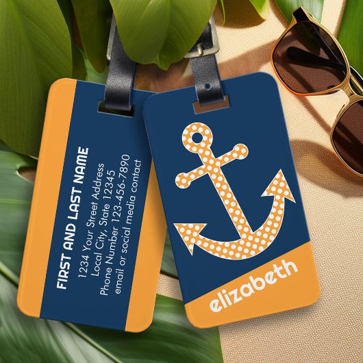 Étiquette À Bagage Mignonne Ancre Pointe Orange avec Nom Personnalisé