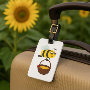 Étiquette À Bagage Mignonne Bee transportant un pot de miel avec fleu
