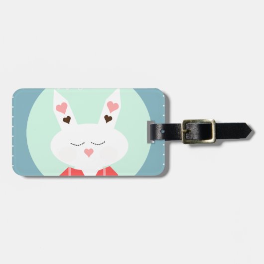 Étiquette À Bagage Mignonne lapin de Pâques blanc aux coeurs roses (Devant horizontal)