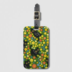 Étiquette À Bagage Mignons Chats Noirs Motif Floral de Prairie
