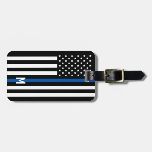 Étiquette À Bagage Mince Ligne bleue Police Monogramme du drapeau amé (Devant horizontal)