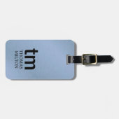 Étiquette À Bagage Mini Faux Métal Bleu Noir Gras Monogramme QR (Devant horizontal)