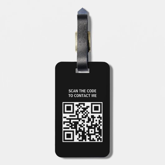 Étiquette À Bagage Mini Faux Métal Bleu Noir Gras Monogramme QR (Dos Vertical)