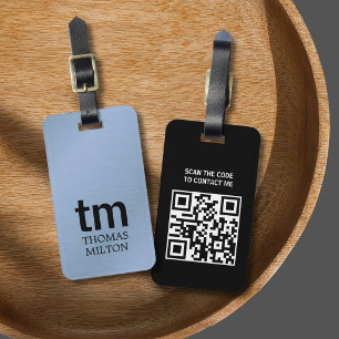 Étiquette À Bagage Minimaliste Faux Métal Bleu Noir Monogramme QR