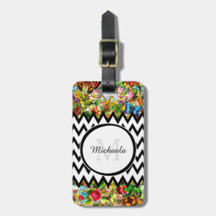 Étiquette À Bagage Mod Black Chevron Vintage Floral Monogramme et nom