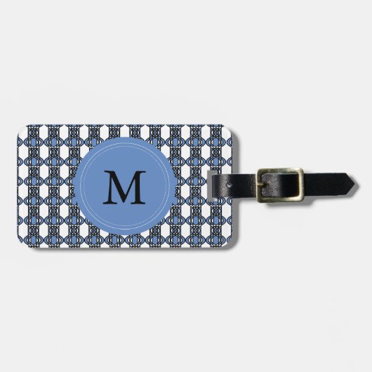 Étiquette À Bagage Mod Retro Monogram Blue Abstrait Scarab Motif (Devant horizontal)