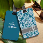 Étiquette À Bagage Modèle de Damas de tableau de bord turquoise et bl<br><div class="desc">Un design fantaisiste et informel avec des damas dessinées à la main et des couleurs tendance. Vous pouvez ajouter votre monogramme ou votre nom.</div>