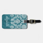 Étiquette À Bagage Modèle de Damas gris turquoise Texte personnalisé (Devant horizontal)