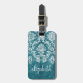 Étiquette À Bagage Modèle de Damas gris turquoise Texte personnalisé (Devant Vertical)