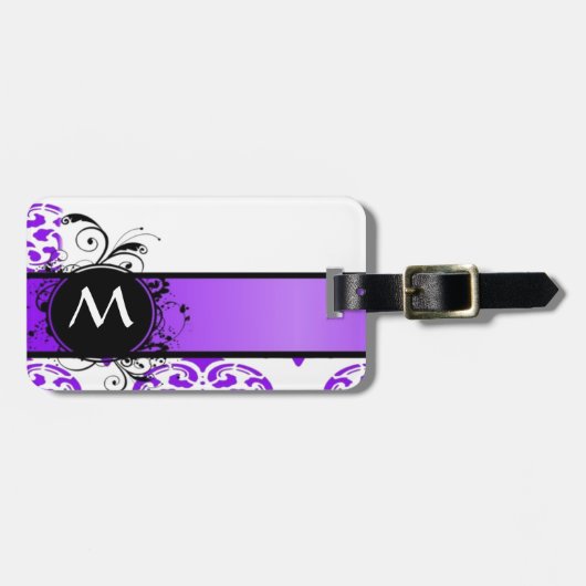 Étiquette À Bagage Modèle et monogramme pourpre damassé (Devant horizontal)