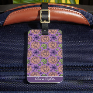 Étiquette À Bagage Modèle fleuri violet grande fleur avec nom