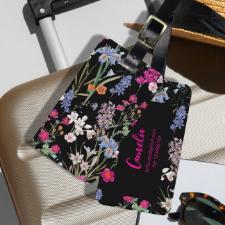 Étiquette À Bagage Modèle Floral coloré moderne Noir Nom personnalisé