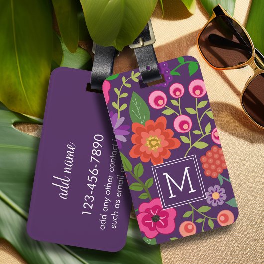Étiquette À Bagage Modèle floral mauve tendance avec monogramme perso