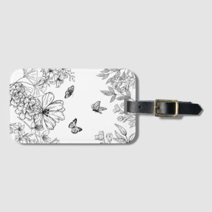 Étiquette À Bagage Modèle floral noir et blanc minimaliste moderne