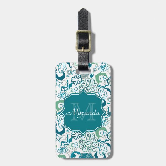 Étiquette À Bagage Modèle Floral Turquoise élégant avec Monogramme et (Devant Vertical)