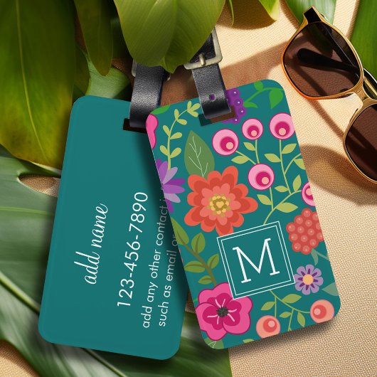 Étiquette À Bagage Modèle Floral Turquoise tendance avec Monogramme p