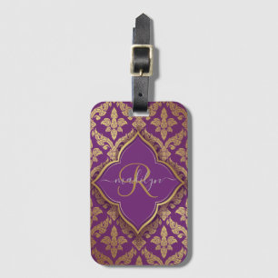 Étiquette À Bagage Modèle Royal Purple Gold Damask Motif Fleur Monogr