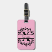 Étiquette À Bagage Modern Black Floral Wreath Split Monogram "X" (Devant Vertical)