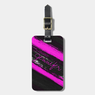Étiquette À Bagage Modern black neon pink brushstrokes monogram lugga