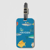 Étiquette À Bagage Modern Fish and Seahorse Blue Personalised (Devant Vertical)