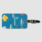 Étiquette À Bagage Modern Fish and Seahorse Blue Personalised (Devant Horizontal)