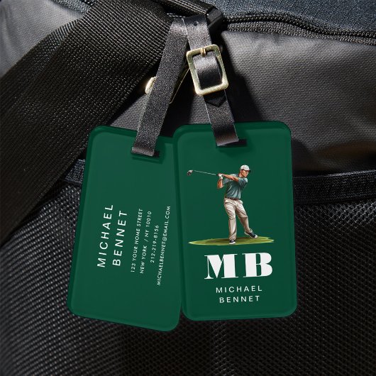 Étiquette À Bagage Modern Green Golfer Sport Monogram