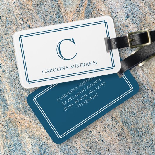 Étiquette À Bagage Modern Monogram Navy Blue Double Border