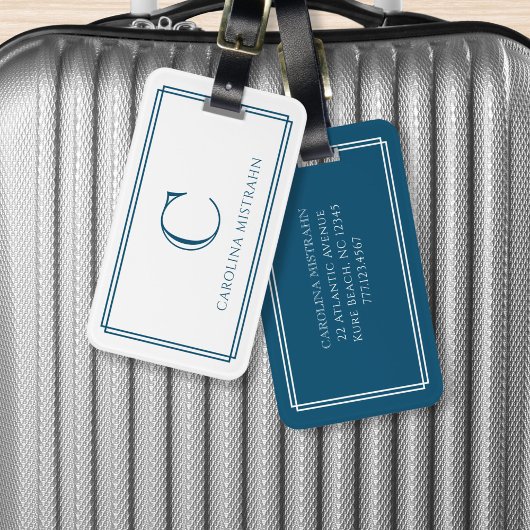 Étiquette À Bagage Modern Monogram Navy Blue Double Border