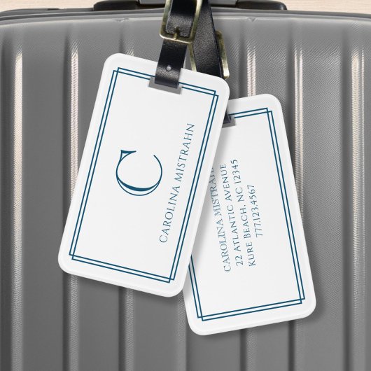 Étiquette À Bagage Modern Monogram Navy Blue Double Border