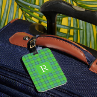 Étiquette À Bagage Modern stylish green &blue Plaid tartan monogram