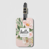 Étiquette À Bagage Modern Watercolor Pink Flowers & Hello & Nom (Devant Vertical)