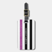 Étiquette À Bagage Moderne Black Stripes FAUX Purple Glitz et nom (Devant Vertical)