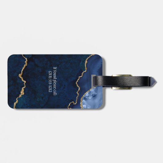 Étiquette À Bagage Moderne Elégant Aquarelle Marbre Géode Bleu Or (Dos horizontal)