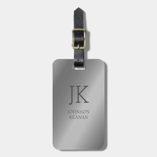 Étiquette À Bagage Moderne Elegant Argent Metallic Nom monogrammé (Devant Vertical)