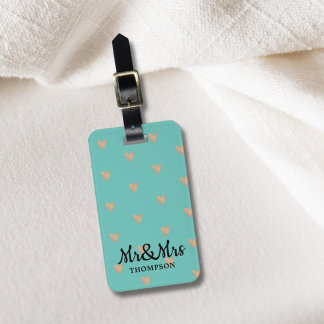 Étiquette À Bagage Moderne Elégant Blue Faux Gold Hearts Mr&Mrs.