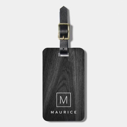 Étiquette À Bagage Moderne élégant monogramme nom initial bois noir (Devant Vertical)