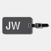 Étiquette À Bagage Moderne gris foncé blanc gras monogramme QR Code (Devant horizontal)