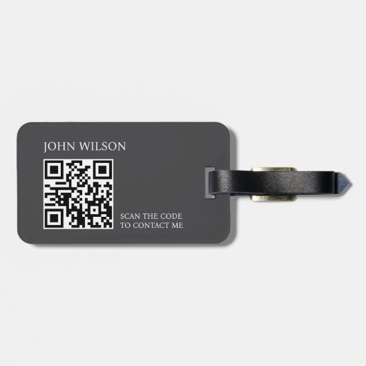 Étiquette À Bagage Moderne gris foncé blanc gras monogramme QR Code (Dos horizontal)