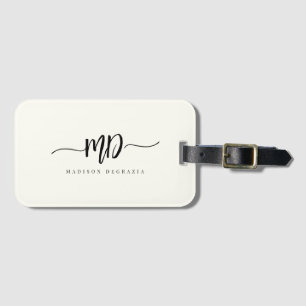 Étiquette À Bagage Moderne Monogramme Brush Script noir ivoire élégan