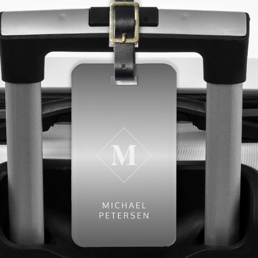 Étiquette À Bagage Moderne monogrammé en métal argenté brossé