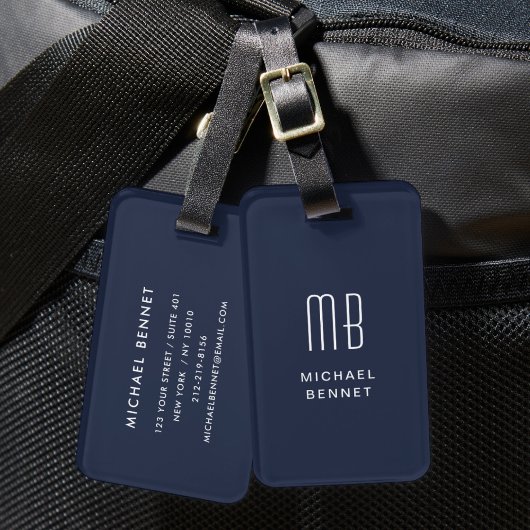 Étiquette À Bagage Moderne Monogramme Marine Bleu