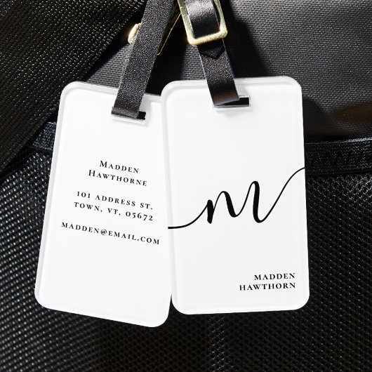 Étiquette À Bagage Moderne Monogramme Script Calligraphie noir blanc