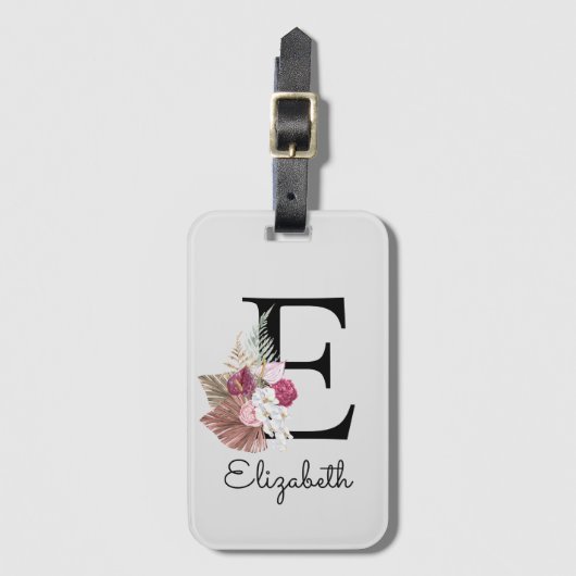Étiquette À Bagage Moderne rose boho féminin floral initial E (Devant Vertical)
