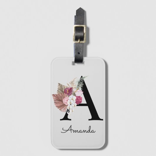 Étiquette À Bagage Moderne Rose Boho Féminin Floral Initiale A (Devant Vertical)
