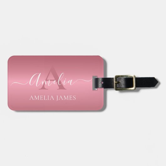 Étiquette À Bagage Moderne Rose Or brossé métal  Monogrammé (Devant horizontal)