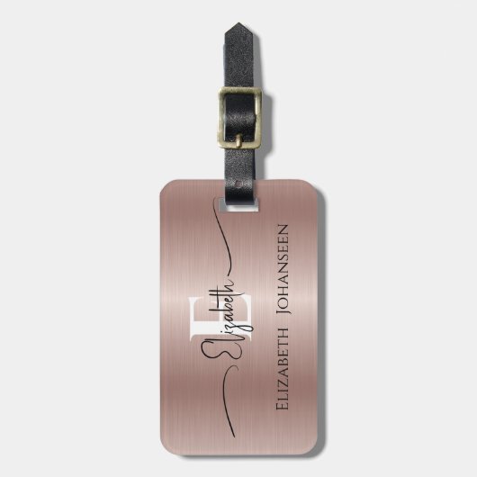 Étiquette À Bagage Moderne Rose Or brossé métal Monogrammé (Devant Vertical)
